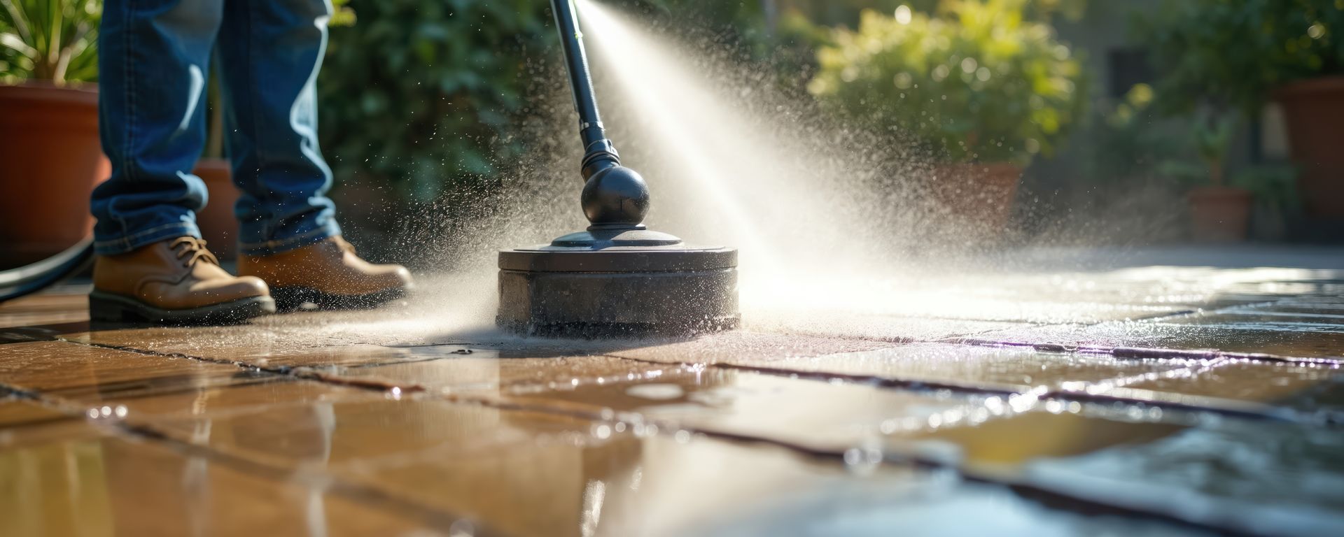 Une personne nettoie à haute pression une terrasse en bois à l'extérieur.