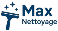 Logotip blau: escombreta amb estrelles brillants, al costat del text "Max Nettoyage".