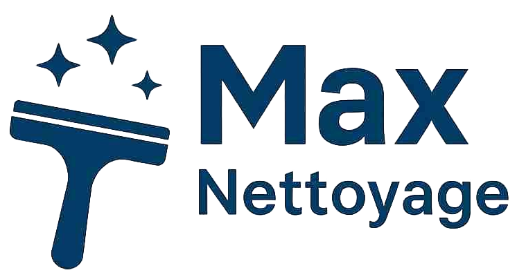 Logotip blau: escombreta amb estrelles brillants, al costat del text "Max Nettoyage".