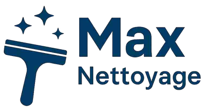 Logotip blau: escombreta amb estrelles brillants, al costat del text "Max Nettoyage".