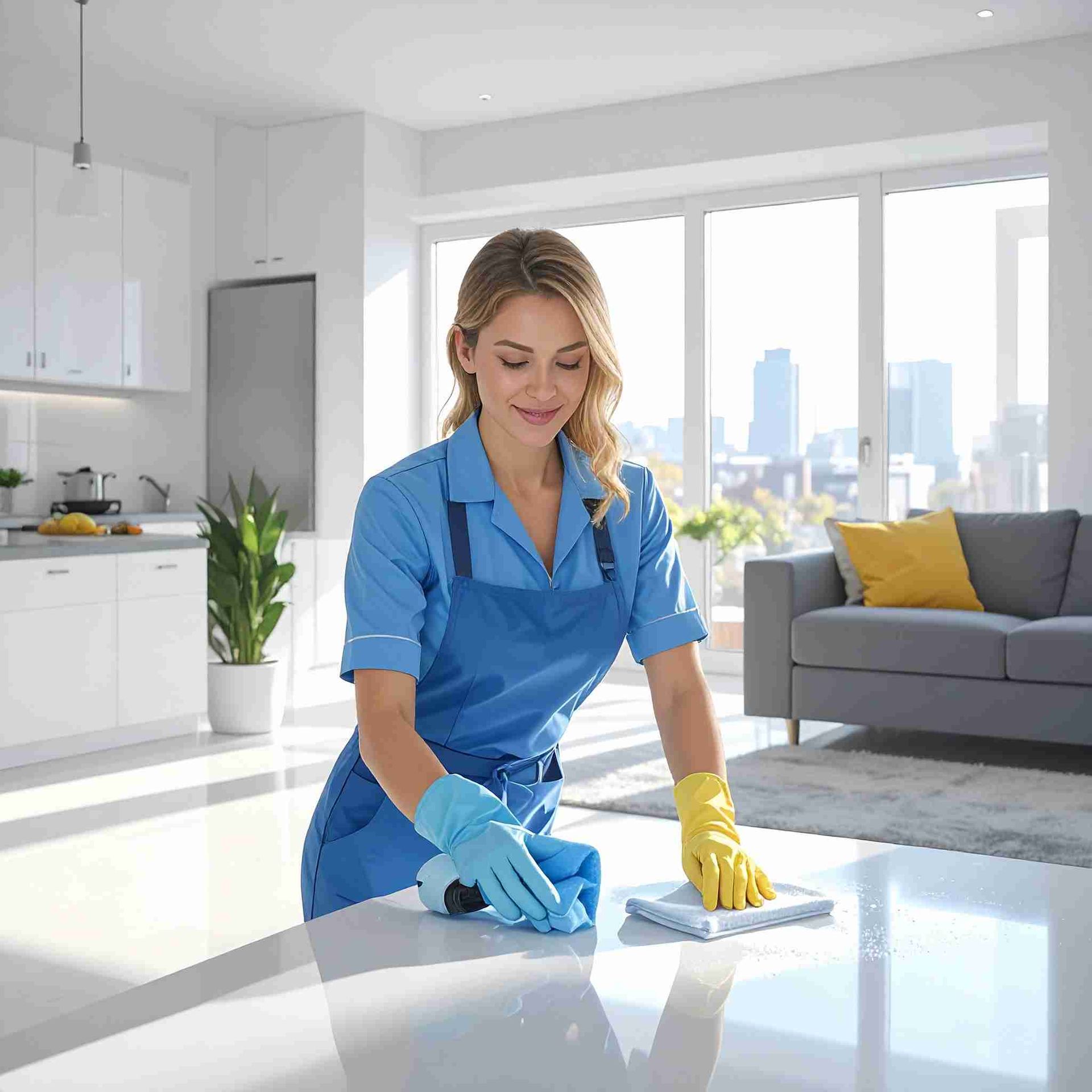Mujer con uniforme azul limpiando una mesa blanca en una cocina moderna y luminosa.