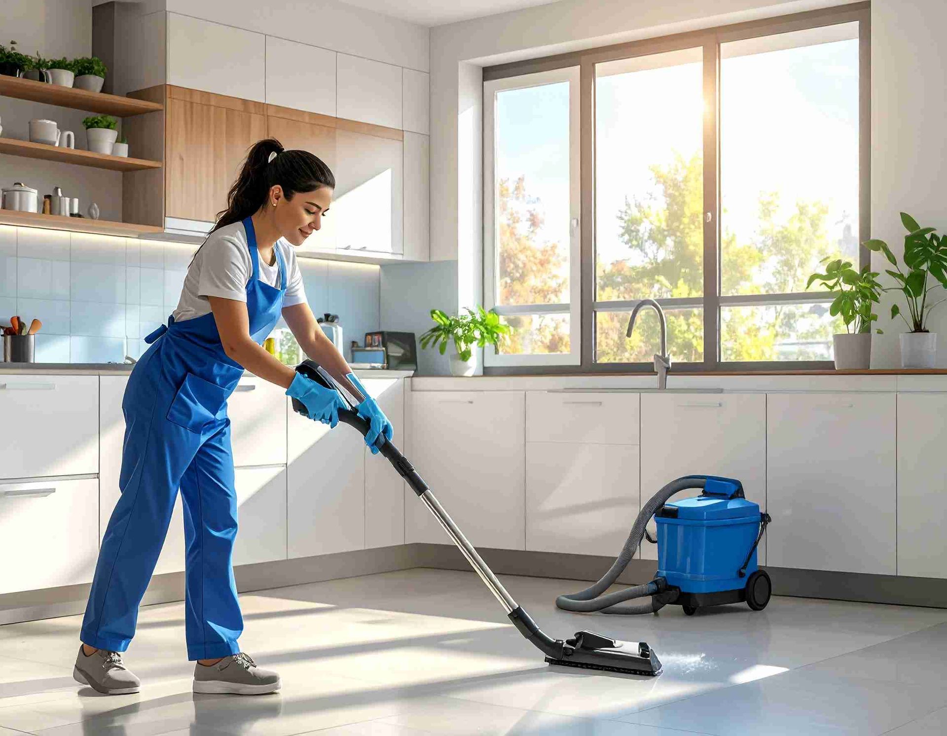 Mujer de azul limpiando el suelo de la cocina con aspiradora.
