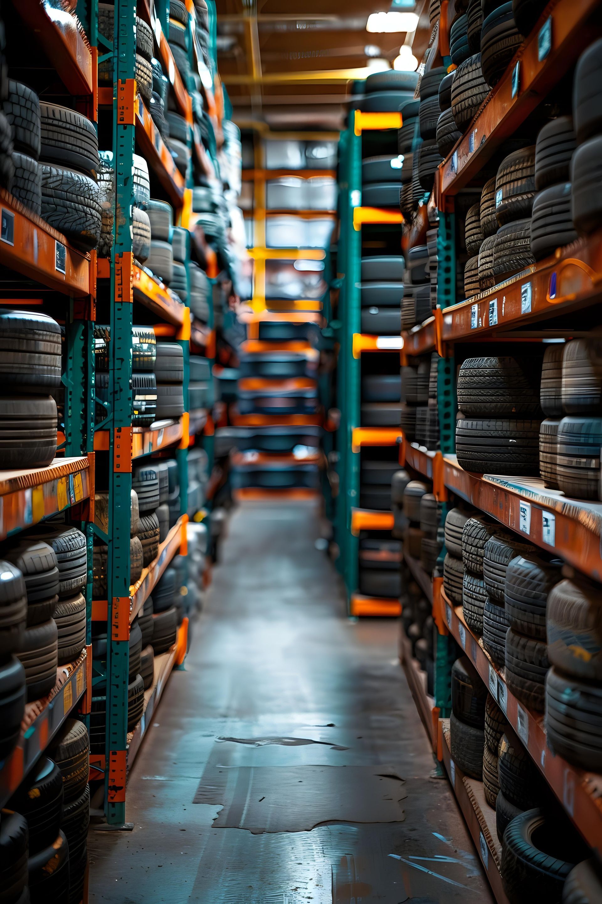 Allée d'entrepôt bordée d'étagères chargées de pneus.