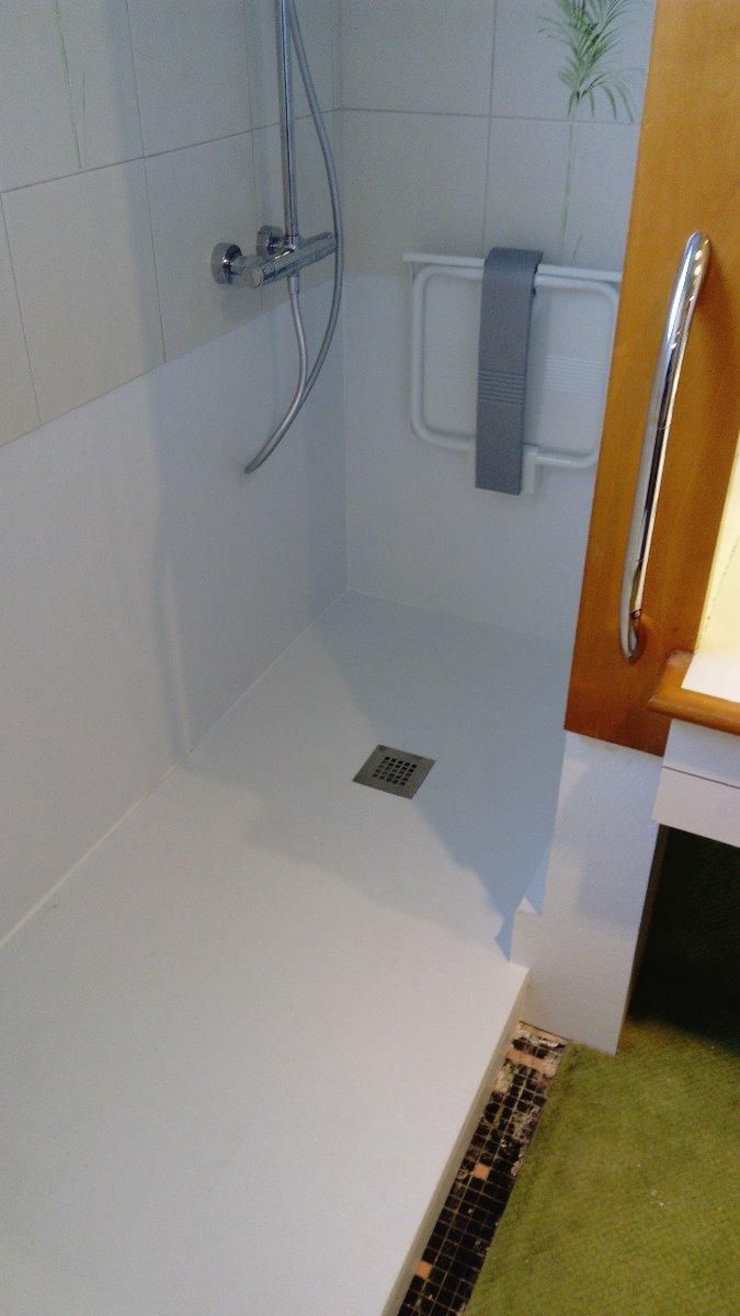 Robinetterie de douche, siège amovible et barre d'accès