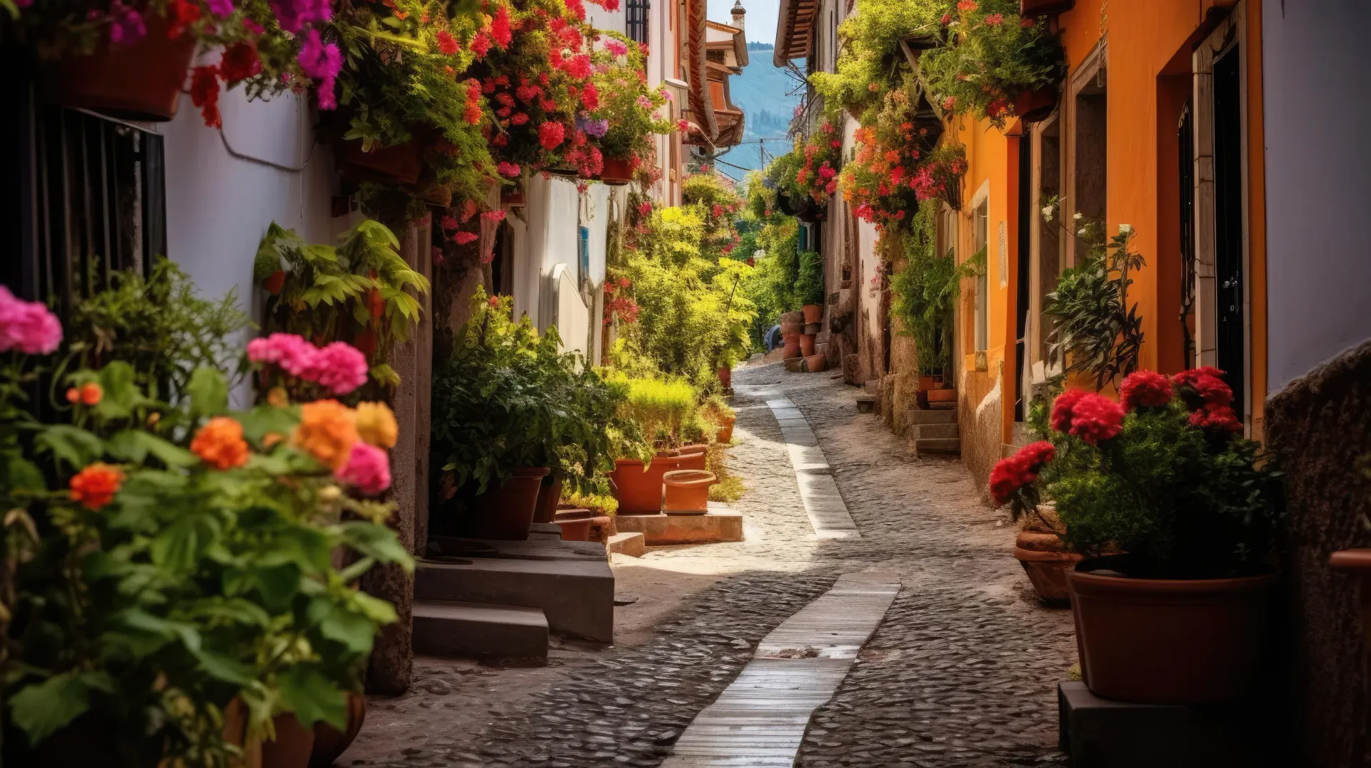 Europa Casco Antiguo. Calle empedrada bordeada de macetas con flores.