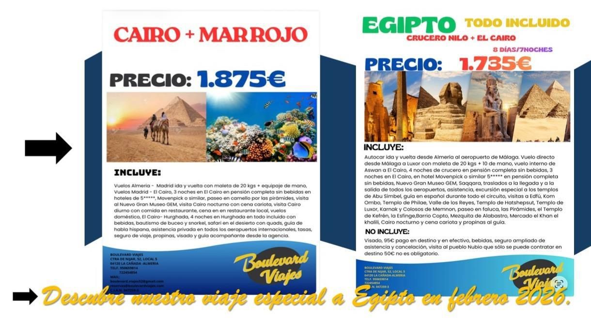 Anuncio turístico de El Cairo y Marruecos, con precios, fotos de las ciudades y un banner promocional amarillo.