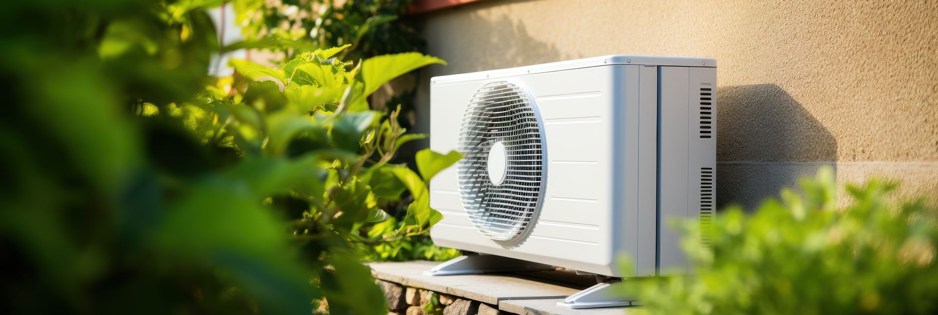 Pompe à chaleur extérieure dans un jardin avec des arbustes