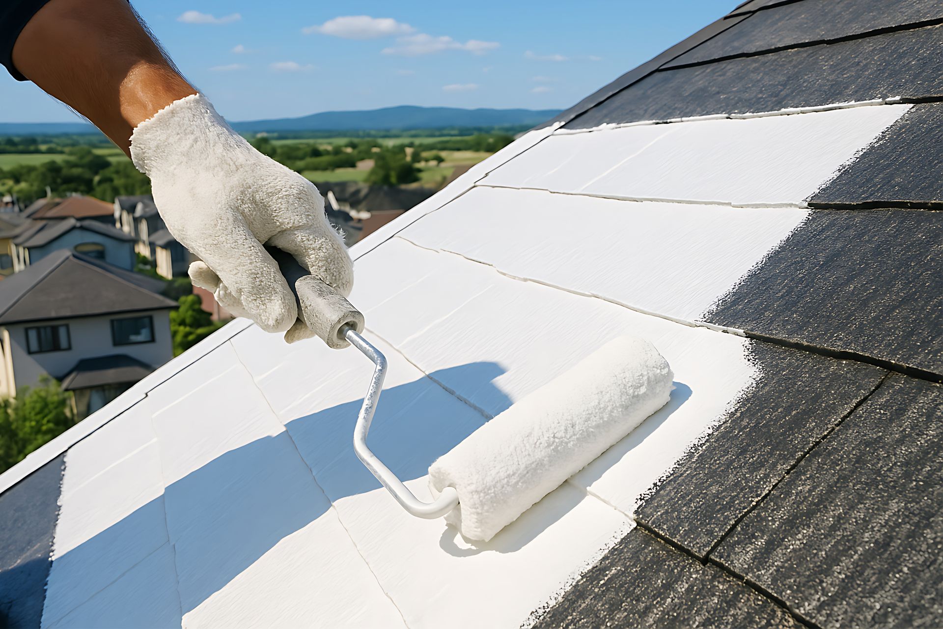 Une main gantée applique, à l'aide d'un rouleau à peinture, un revêtement blanc réfléchissant sur des bardeaux de toit foncés