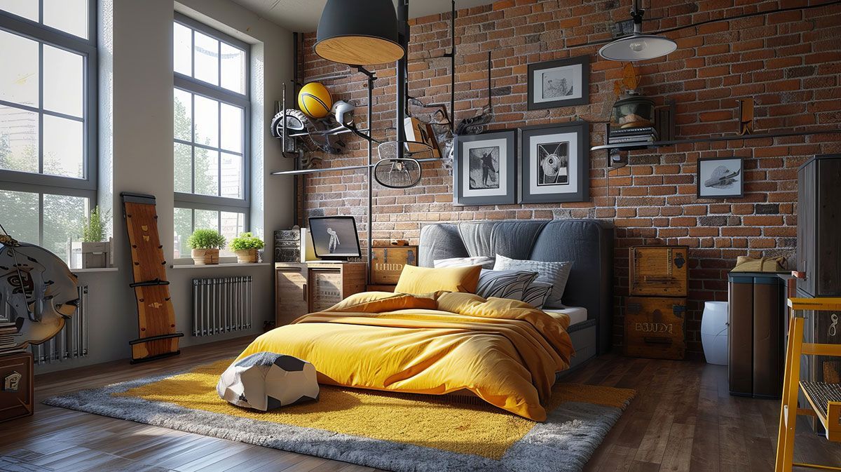 Chambre avec des draps de couleur jaune et un mur en effet brique