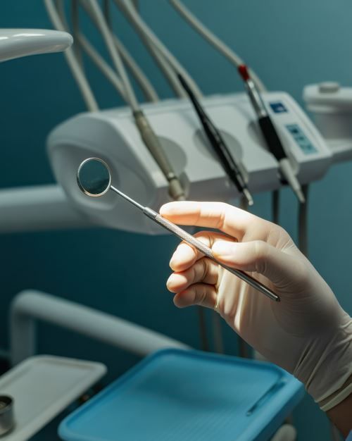 Mano enguantada de un dentista sosteniendo un espejo dental. Equipo dental al fondo. Interior azul y blanco.