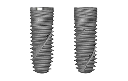 Dos implantes dentales con roscas y cortes angulados.