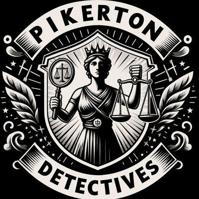 Logotipo de los Detectives Pinkerton con la Dama de la Justicia, balanza y emblema en blanco y negro.