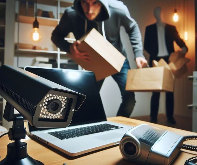 Varias personas que transportaban cajas pasaban junto a un ordenador portátil y una cámara de seguridad