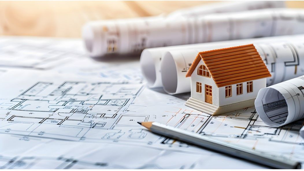 Maquette de maison miniature réalisée au crayon sur des plans architecturaux.