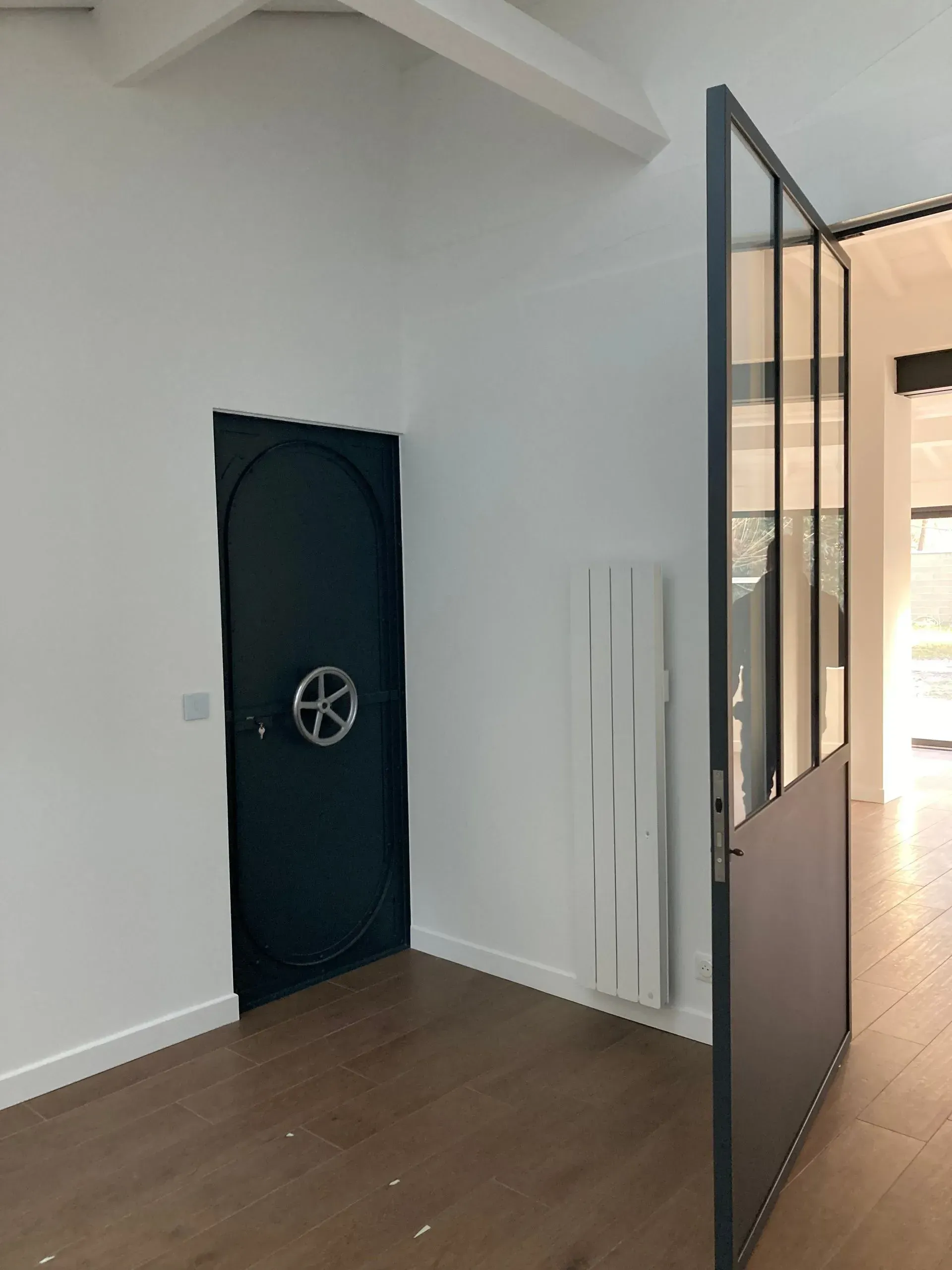 Intérieur avec une porte sombre, une porte vitrée à cadre en acier et un radiateur blanc sur un mur blanc.