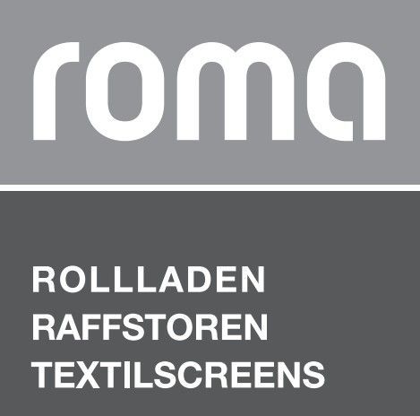 Roma logo with text: Rolladen, Raffstoren, Textilscreens. Grey and white.