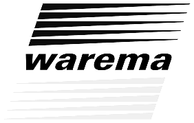 Warema-Logo mit schwarzen, schrägen Linien darüber und Firmenname in schwarzer Schrift darunter, mit Schatten.