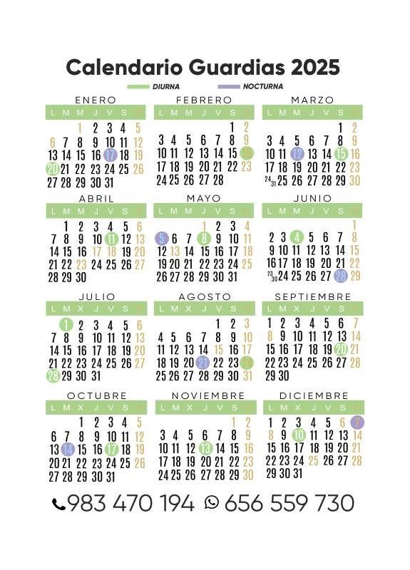 Se muestra un calendario para el año 2025 sobre un fondo blanco.