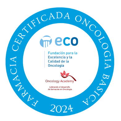 Un círculo azul que dice farmacia certificada oncología básica 2024