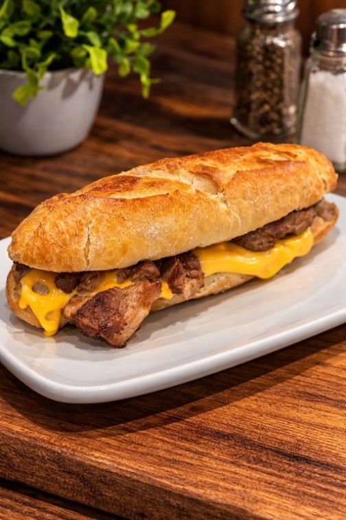 Un bocadillo de baguette crujiente con queso cheddar fundido y tiras de carne en un plato rectangular blanco.