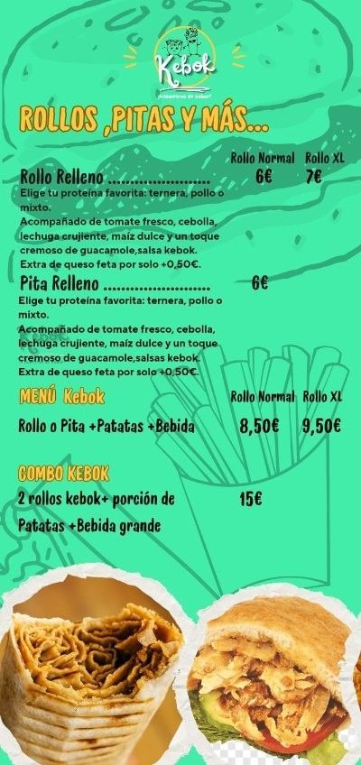Menú con rollos, pitas y más. Ofrece precios de rollos, pitas y combos. Fondo turquesa.