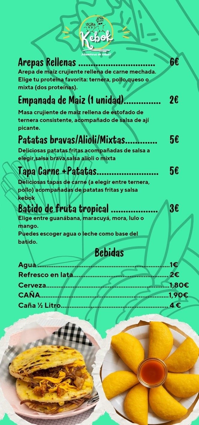 Menú con texto e imágenes de comida. Fondo verde azulado. Incluye arepas, empanadas y bebidas.