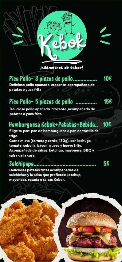 Menú de kebek con pollo frito, hamburguesa y papas fritas. El texto incluye opciones de comida y precios.