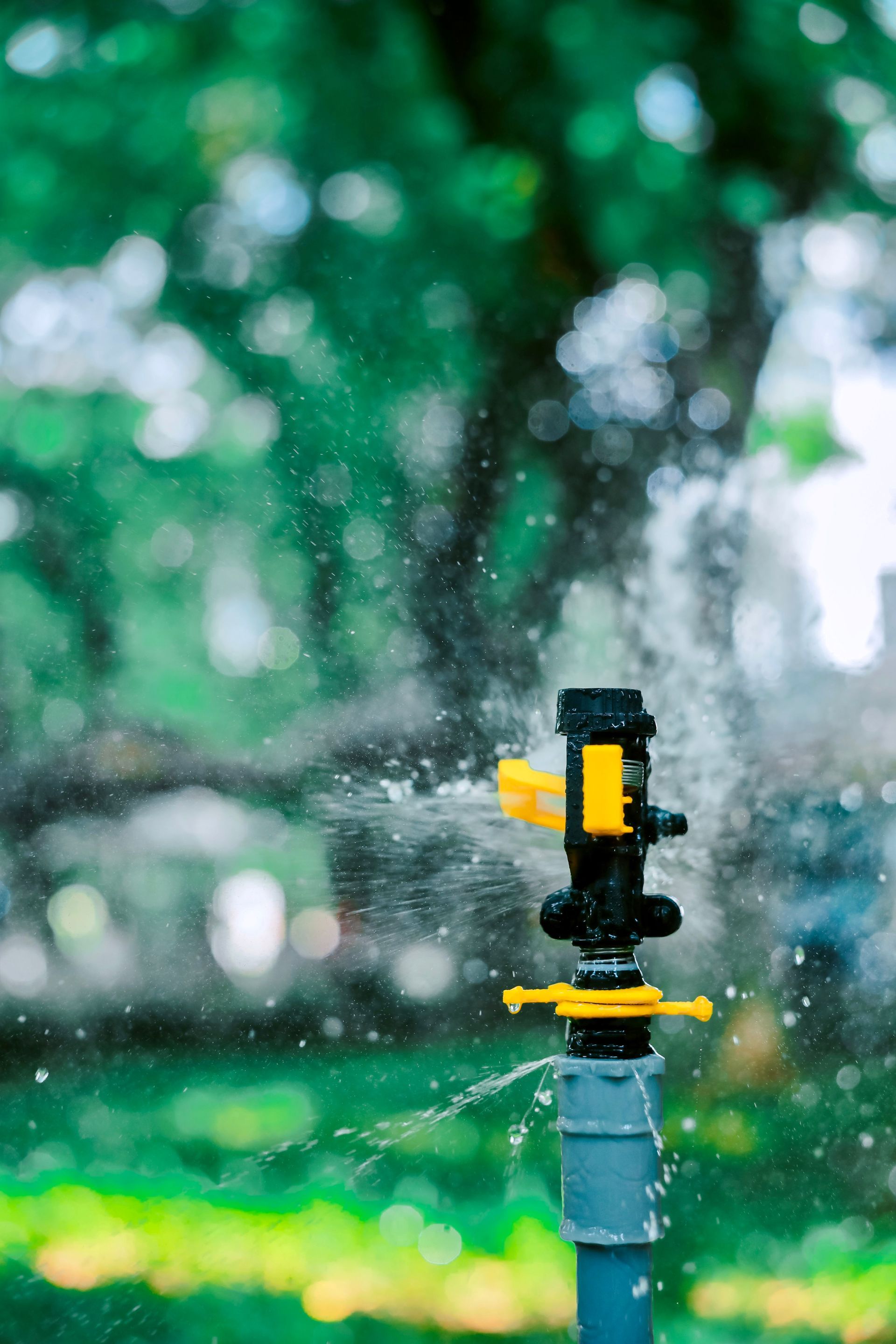 Un aspersor de jardín amarillo y negro rocía agua en un patio verde.
