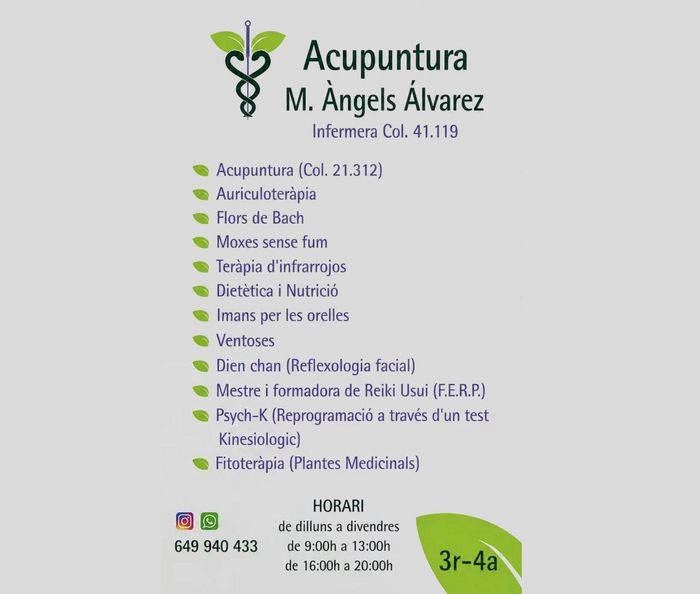 Folleto de clínica de acupuntura con logotipo verde, lista de servicios, horario, información de contacto y distintivo 3r-4a.