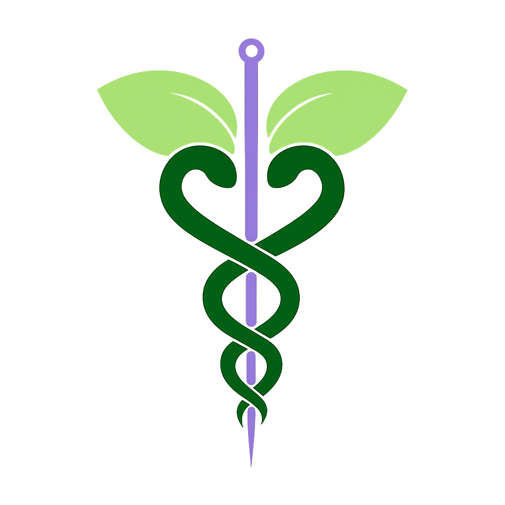 Serpiente verde enroscada alrededor de un bastón morado con alas verde claro, que se asemeja a un símbolo médico.
