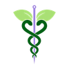 Serpiente verde enroscada alrededor de un bastón morado con alas verde claro, que se asemeja a un símbolo médico.