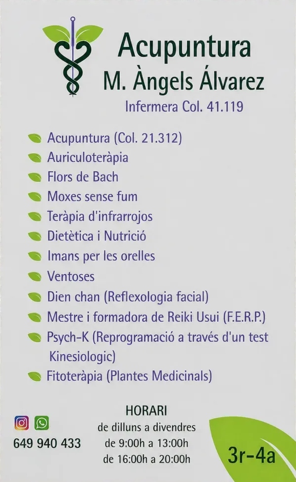 Cartel de la clínica de acupuntura M. Àngels Álvarez, con listado de terapias y horarios