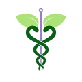 Caduceo médico verde con alas frondosas y un bastón morado sobre fondo blanco