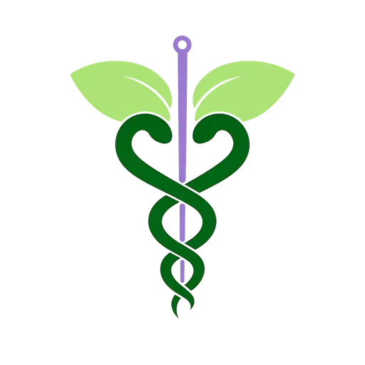 Caduceo médico verde con alas frondosas y un bastón morado sobre fondo blanco