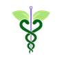 Caduceo médico verde con alas de hoja y bastón morado sobre fondo blanco