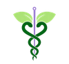Caduceo médico verde con alas de hoja y bastón morado sobre fondo blanco