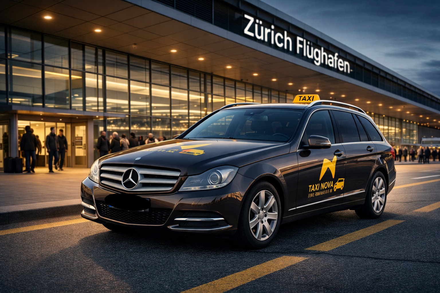 Ein braunes Mercedes-Taxi parkte auf einer Asphaltstrasse. Auf der Motorhaube prangte ein Schild mit der Aufschrift „Taxi Nova“ und eine Telefonnummer.