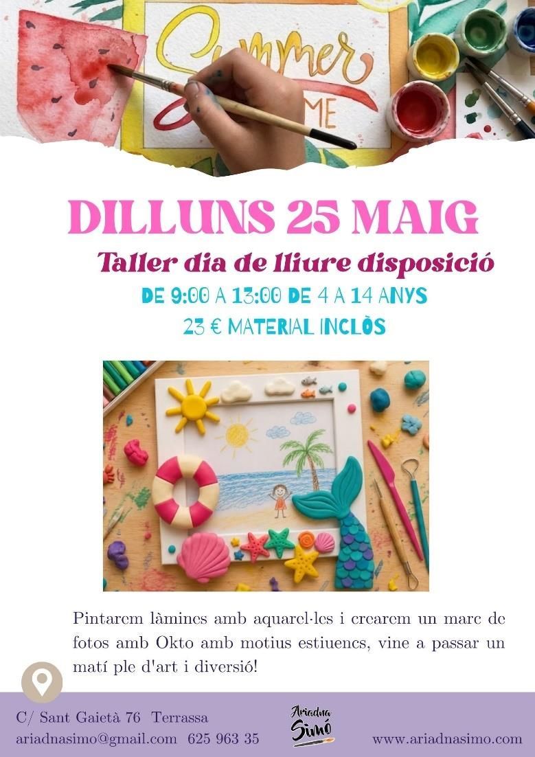 Cartell per a un taller de purpurina del 25 de maig amb materials de manualitats i materials d'art fets a mà de colors.