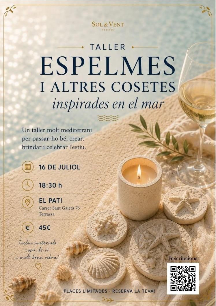 Cartell per a un taller d'artesania vora el mar, amb espelmes, petxines i flors seques en tons beix càlids.