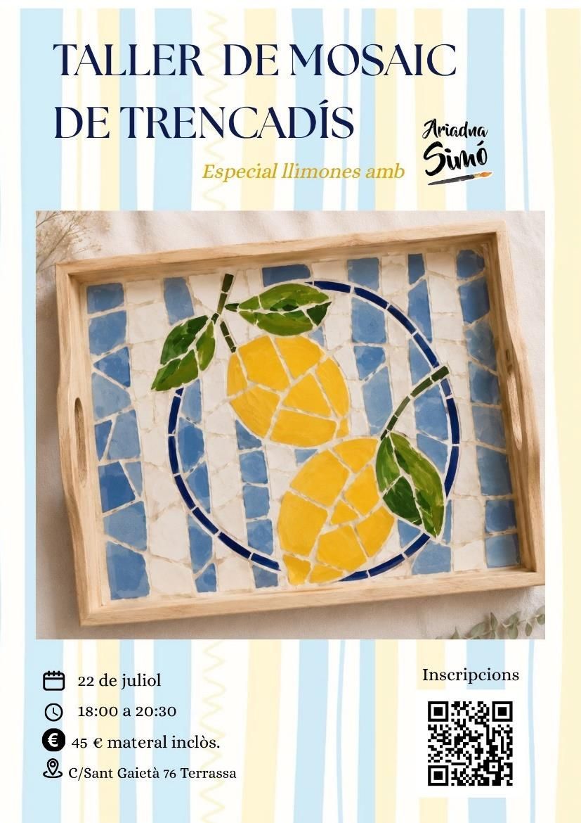 Cartell per a un taller de mosaic amb un disseny de vitralls grocs, blaus i verds i un codi QR per a la informació