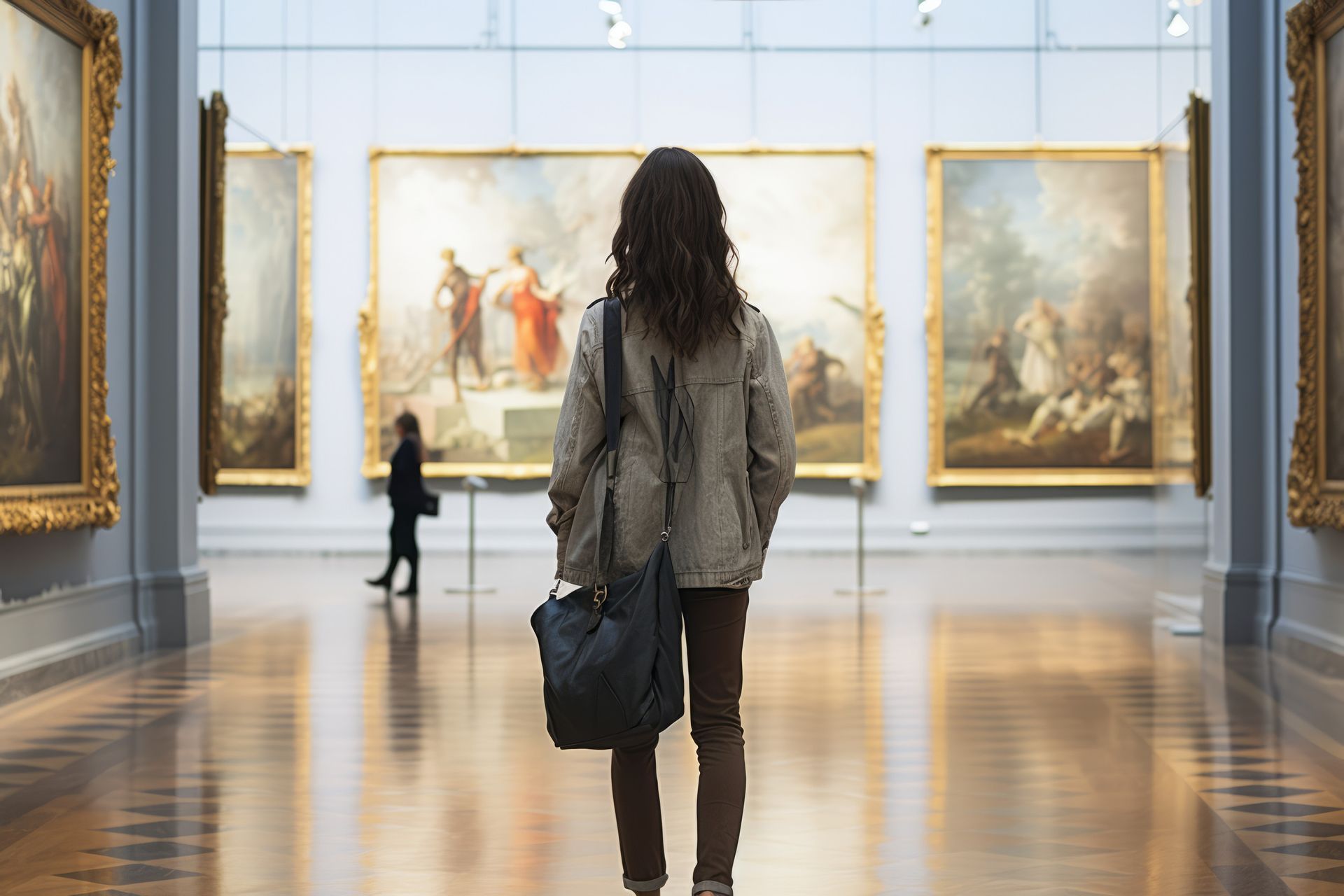 Dona mirant quadres en una galeria de museu; terres i parets de fusta clara, grans obres d'art emmarcades.