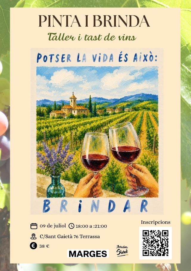 Cartell de la festa Pinta i Brinda amb vinyes, poble al fons i dues copes de vi al davant.