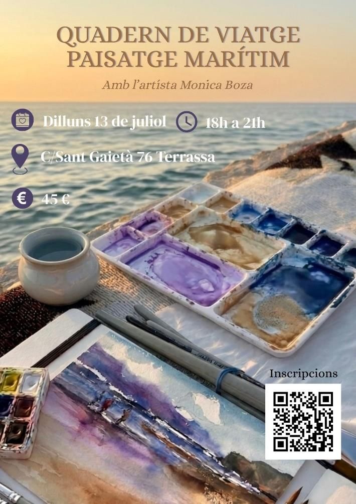 Pòster de taller de pintura de viatges amb materials d'aquarel·la, art vora el mar, data, preu i codi QR.