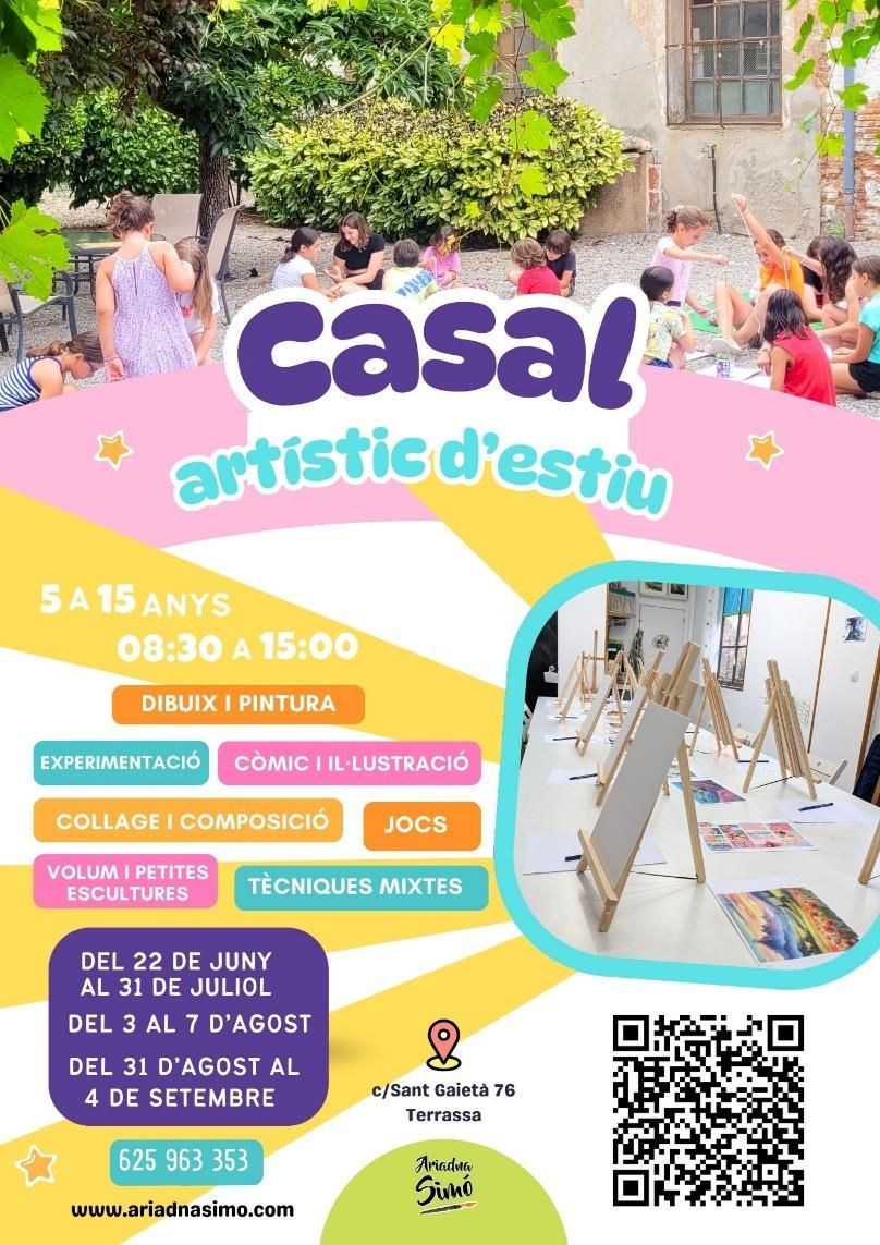 Cartell acolorit per al “Casal artístic d'estiu” amb nens pintant, dates, horaris i codi QR.