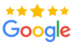 Logotip de Google amb cinc estrelles daurades a sobre, que suggereixen una qualificació de cinc estrelles