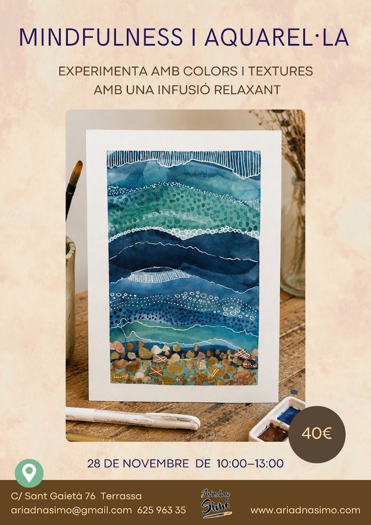 Cartell de taller de braçalets de macramé amb braçalets de colors sobre fons beige.