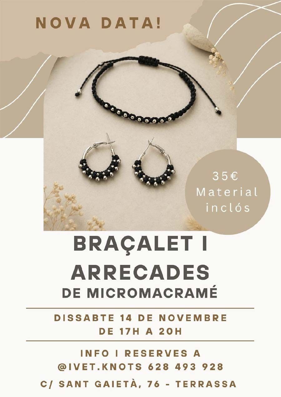 Cartell de taller de braçalets de macramé amb braçalets de colors sobre fons beige.