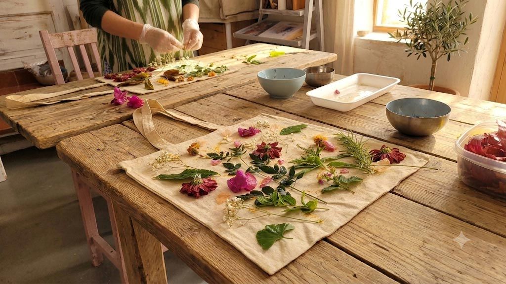 Mans organitzant herbes i flors sobre una taula de fusta rústica amb bols i plats en una habitació assolellada