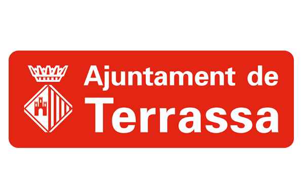 Logotip de l'Ajuntament de Terrassa sobre fons vermell amb text i emblema blancs