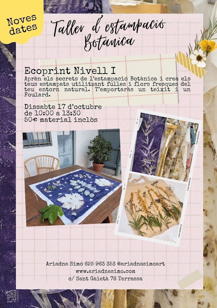 Cartell per a un taller de ganxet inspirat en el mar amb espelmes, petxines i flors seques en tons beix.